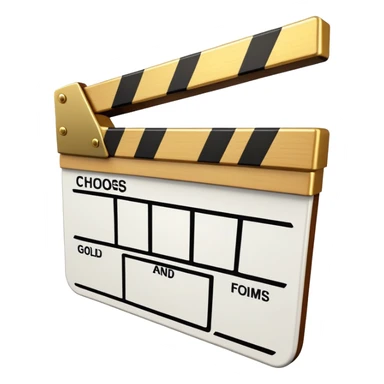 film clapper board with gold top section, white bottom section, and a bold diagonal line sticker