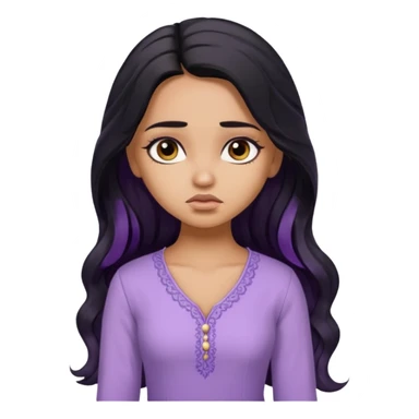 a pretty tan bratz girl with long wavy black hair, wearing a light purple kurti. looking sad sticker