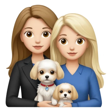 two women are holding only one Maltese dog. one woman is brunette the other woman is blonde long haired  sticker