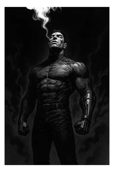 Black and white comic book panel of an extremely muscular Italian man with cybernetic implants standing in the dark, surrounded by smoke. He is wearing a long-sleeved shirt with a high collar, and his chest is sculpted. sticker
