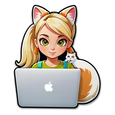 Blonde girl ponytail macBook and a cat sticker