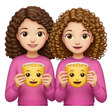 Two girls eating, one brunette with straight hair and another brunette with curly hair, emoji style, first girl has a pink sweater and the second girl has a yellow sweater sticker