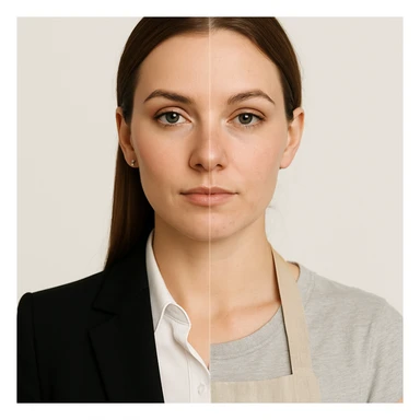 hyper realistic split-image of a beautiful woman, one half of her face with professional makeup and business office attire, the other half natural and makeup-free, wearing a kitchen apron like a homemaker, symmetrical composition, white background, clear contrast between the two roles sticker