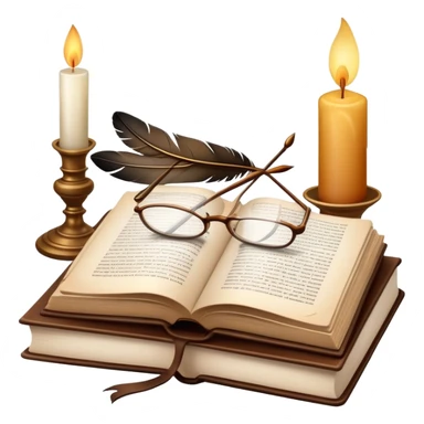 An icon showing an open classic book with elegant pages, a feather quill, and reading glasses resting on top. Behind it, a stack of literary works and a candle evoke deep study and timeless stories. Transparent background highlights the analysis of literature and texts. sticker