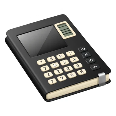 Minimalistic flat vector icon, iOS style, thin black contour on white background. Small black notebook with visible binding, placed next to a calculator. Clean, modern, no text, no shadows. sticker