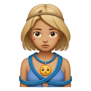 woman bound with rope around her chest, sad face, emoji style sticker