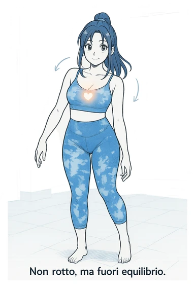 stile manga a woman stands in a relaxed pose, with a gentle, confident expression. Her body is shown with subtle, curved lines or arrows indicating areas of imbalance (such as a slight tilt in the shoulders or hips), but no signs of injury or damage. A soft glow or heart symbol at her core emphasizes resilience and the message “Non rotto, ma fuori equilibrio” The background is clean and clinical, with light blue tones. sticker