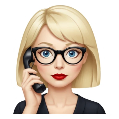Woman in her early 50s with pale skin, wider face, blue eyes with eyeliner, thin eyebrows, red lipstick, blonde hair up with bangs, wearing black glasses. Talking on a phone  sticker