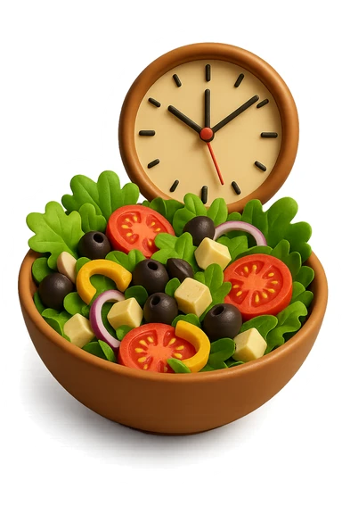 bowl con insalatona e orologio che le fluttua dietro che simboleggia una cena fatta in ritardo in 3d sticker