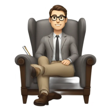 Pale skinned Fit Man With dark brown hair in gray jacket, beige office shirt, Brown pants and vintage glasses sitting In a soft chair with a notebook on spring with emblem Ψ and a pen sticker