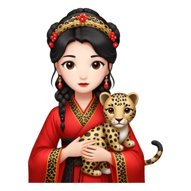 A beautiful girl in red Hanfu wedding dress is holding a black leopard sticker