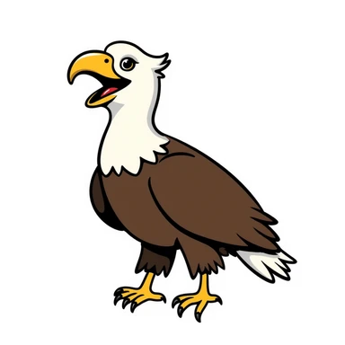 cartoon bald eagle with open beak from front view, white head, yellow beak, brown body sticker