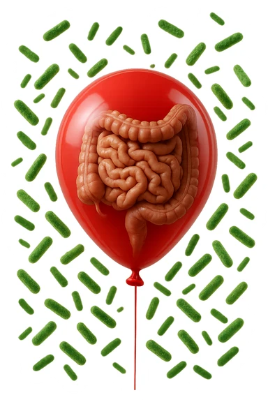 intestino umano anatomico chiuso in un palloncino rosso con batteri intestinali che fluttuano intorno, iperrealistico 4k sticker
