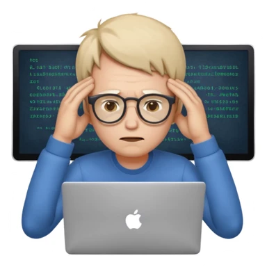 programmer holding his head, tired, bruises under his eyes, with a laptop sticker