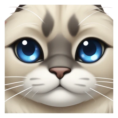 Long, chubby, cute, flat beige fur, blue round eyes, round pupils, Siamese and ragdoll mix cat, a grey face pattern, fur in his ears, wearing a red ribbon, a long slim tail, darker paws sticker