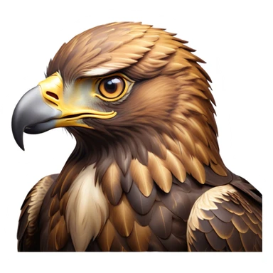Cinematic Noble Golden Eagle Portrait Emoji, Poised and majestic, with a powerful, broad build, regal hooked beak, and piercing, intense eyes set against richly golden-brown plumage, Simplified yet sharp and sophisticated features, highly detailed, glowing with a soft, amber radiance, high shine, intelligent and commanding, stylized with an air of aerial supremacy, focused and determined, soft glowing outline, capturing the essence of a watchful and confident golden eagle that appears ready to soar out of the screen with effortless authority! sticker