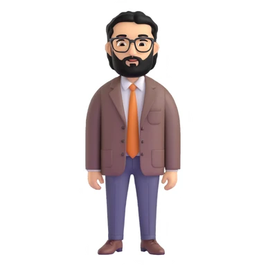 professional middle eastern businessman with medium length black beard, black hair, thick unibrow, elongated nose, tan skin, brown eyes, glasses, wearing business casual outfit with open collar shirt sticker