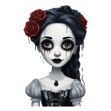full height tim burton corpse bride, porcelain doll with a cracked face, goth makeup watery black eyes, long hair, lace and ruffles, lolita style, inked, black and white, red roses sticker