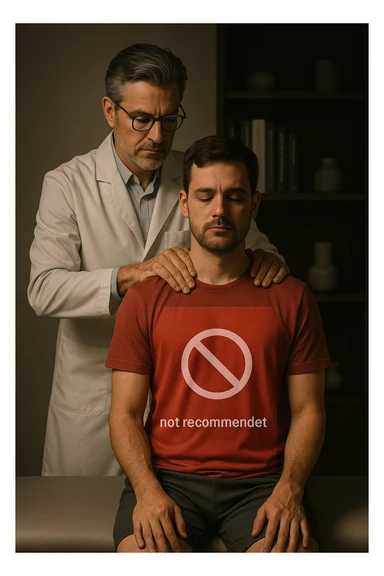 vertical cinematic illustration in stylish osteopathic studio, middle-aged male osteopath with salt-and-pepper hair and glasses dressed in modern white coat seated behind patient sitting upright on padded table applying shoulder manipulation, semi-transparent red overlay and clear 'not recommended' icon over patient's upper body communicating contraindication for postural asymmetry, softly lit background with medical books and minimalist decor, moody focused lighting evoking clinical precision and caution sticker