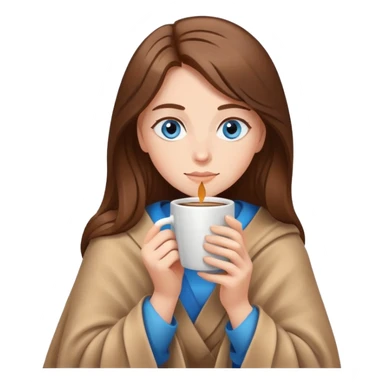 Brown hair with blue eyes lady wearing light brown blanket drinking coffee  sticker