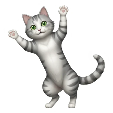 grey and white cat with green eyes doing a big extremely long stretch reaching up into the air with arms and legs side by side together straight and overextended whilst lying on its side sticker