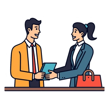 Bank teller in professional clothes helping a customer sticker