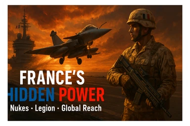 Dramatic 8K scene, 16:9: Rafale jet taking off from French carrier at sunset, orange glow. Foreground: Foreign Legionnaire in desert camo with futuristic weapon. Bold tricolor text: ‘FRANCE’S HIDDEN POWER’. Subtext: ‘Nukes • Legion • Global Reach’. Epic, cinematic, dramatic lighting, 8K resolution. sticker