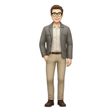 Joyful Full height Pale skinned Fit Man With dark brown hair in gray jacket, beige office shirt, Brown pants and vintage glasses. His thrumbs up sticker
