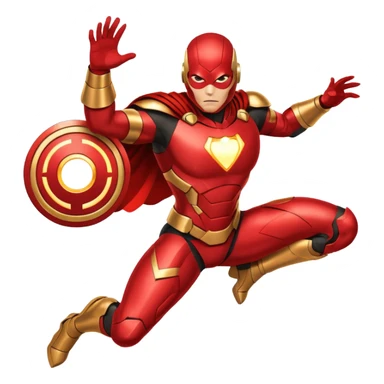 "A high-quality die-cut sticker of a tech-based armored superhero in a dynamic flying pose. Vibrant red and gold metallic plating, glowing circular chest piece, thick white border, flat vector art style, white background." sticker