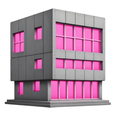 Concrete block building in brutalist style with one pink neon window and several standard windows sticker