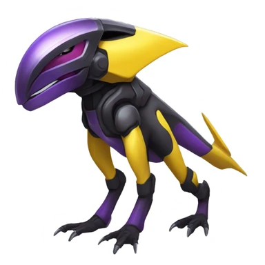 a shiny black-purple-yellow Genesect-Raptor-Fakémon—hybrid with a futuristic visor-helmet full bod sticker
