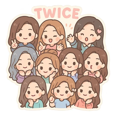 Twice members as chibi characters, cute, playful, pastel colors sticker