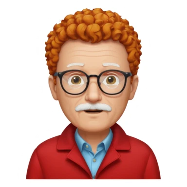 old man, ginger curly short hair, no mustache, white beard, wearing glasses, long face, wearing a red jacket sticker