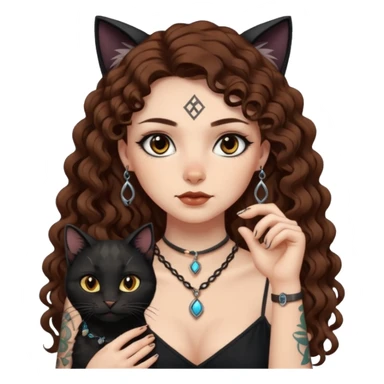 woman with long curly brown hair, brown eyes, white skin, tattoos, black cat wearing tiny rune necklace judging everyone sticker