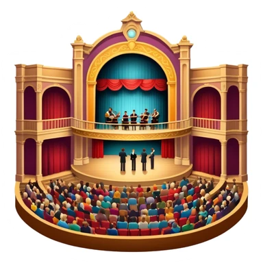 An icon depicting a theater stage with actors performing a play, illuminated by dramatic lighting. The audience watches from colorful balconies, while an orchestra plays in the pit, creating an immersive atmosphere. transparent background. sticker