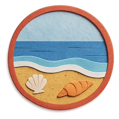 view of the ocean from the beach with sand, shells, and gentle waves, red and white sticker