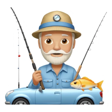 Открытка С Днем рождения дедушке с бородкой. ему 72 года. без текста. тема белый автомобиль и рыбалка. sticker