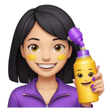 a girl with shiny black hair, big smile showing yellow teeth, holding a closed purple spray can, Genmoji emoji style sticker