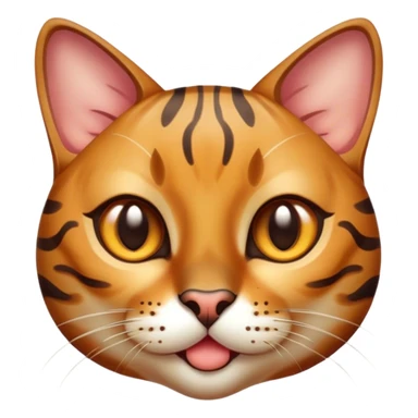 Cinematic Cute Bengal Cat Portrait Emoji, Head tilted playfully and inquisitively, sleek spotted brown and gold tones, Simplified yet adorable features, highly detailed, glowing with a warm, friendly glow, high shine, curious and affectionate, stylized with a touch of whimsy, bright and alert, soft glowing outline, capturing the essence of a mischievous yet loving kitten, so endearing it feels like it could pounce out of the screen and play! sticker