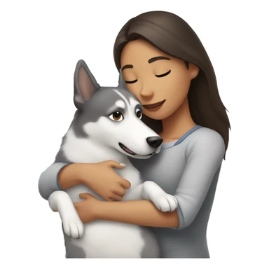 A brunette hugs a white and gray dog like a husky sticker