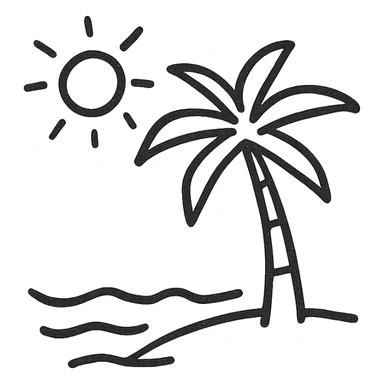 a beach with a palm tree and a sun sticker