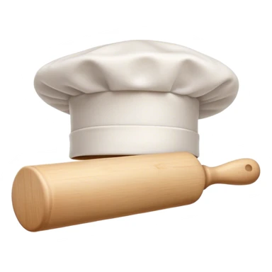 Cinematic Realistic Chef Hat & Rolling Pin, crisp white cotton hat with soft folds, resting beside a classic wooden rolling pin with smooth, polished curves, a light dusting of flour adding authenticity, warm kitchen lighting casting gentle shadows, glowing with a cozy and inviting charm. sticker