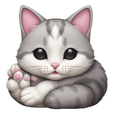grey and white small cat with its eyes closed lying down with its head resting own paw sticker