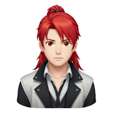 Handsome gorgeous anime man with bright-red hair, thick long ponytail, red eyes, white shirt, black jacket, stone face sticker