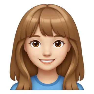 smiling girl with light brown hair, bangs, and long hair sticker