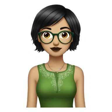 White skinny girl in a green kurta with flower design, glasses, alot of piercing, gay, red lips, nose ring, full body, short straight black edgar hair, black straight hair, front bangs sticker