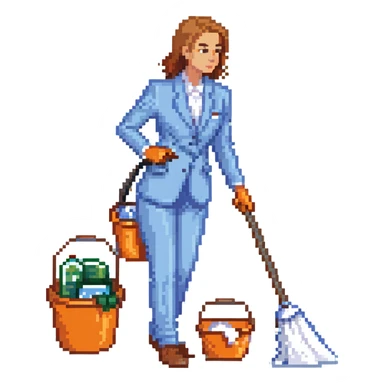 light-skinned woman in a light blue suit cleaning sticker