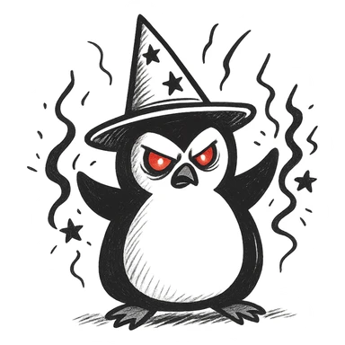 Make the crazy wizard penguin look evil, with a sinister expression, glowing red eyes, and dark magical aura in hand drawn doodle style. Use the general editor as hand drawn doodle style does not support editing. sticker