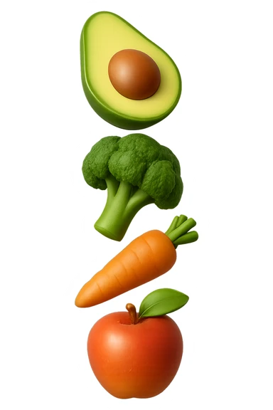 emoji stile iphone in 3d di cibo sano che fluttua in aria vericalmente, iperrealistico 4k sticker