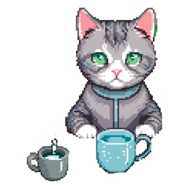 A gray striped cat sitting at a table drinking water from a mug sticker